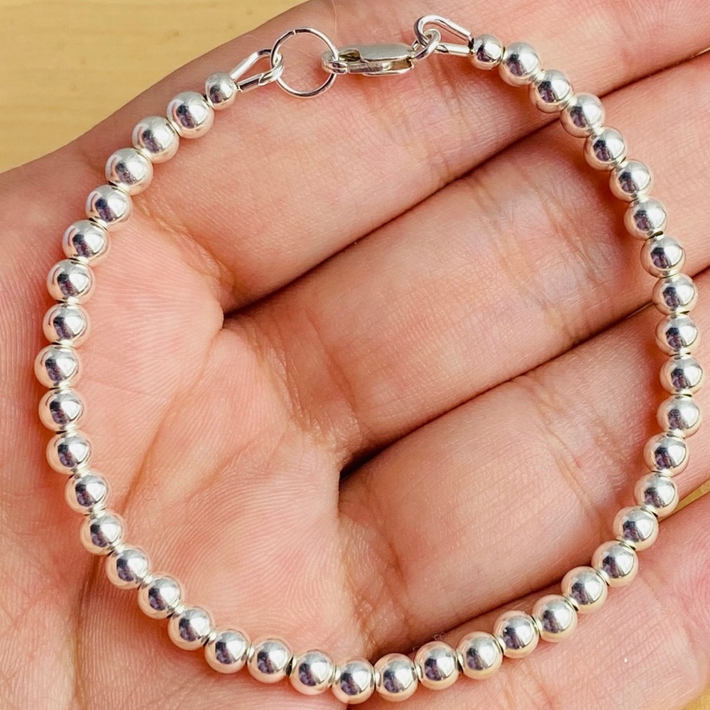 925 Solid Sterling Silver ball Beaded Bracelet - Picture 4 of 6